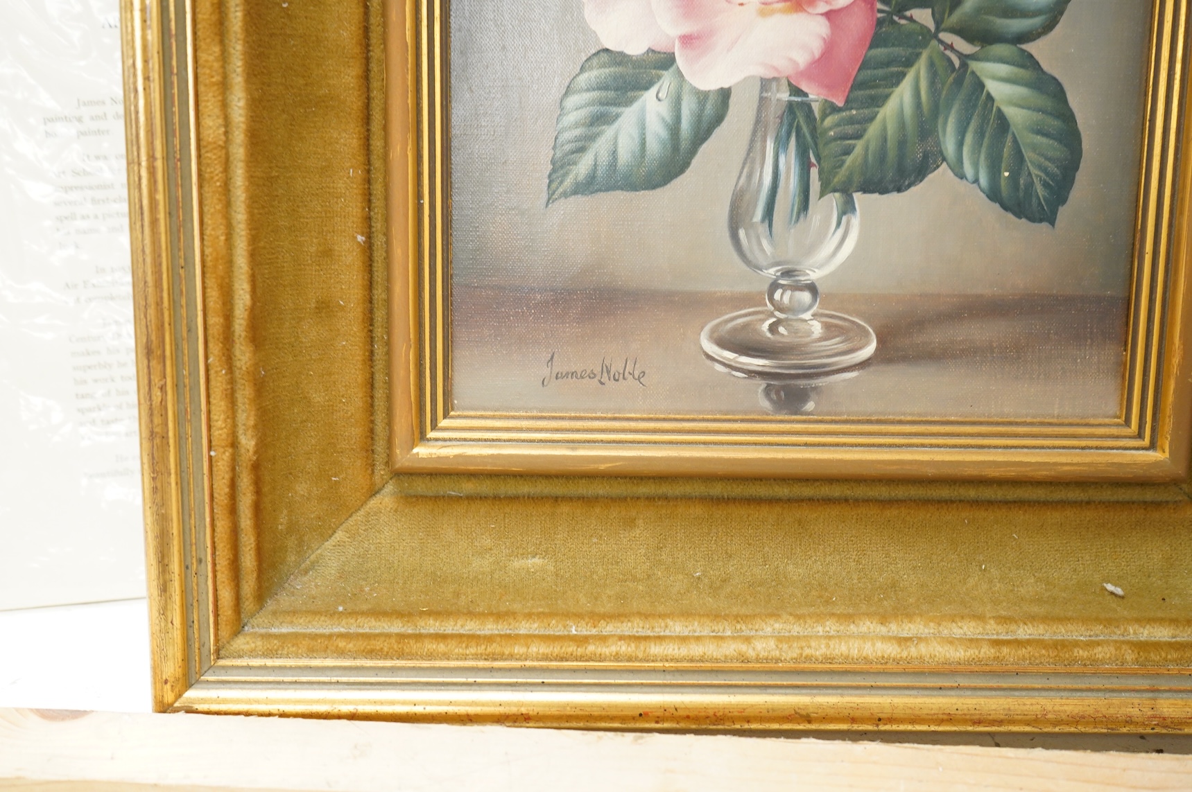 James Noble (1919-1989), 'Pink roses', still life, signed, Ex. E. Stacy-Marks, with accompanying paperwork, labels verso, oil on canvas, 24 x 19cm